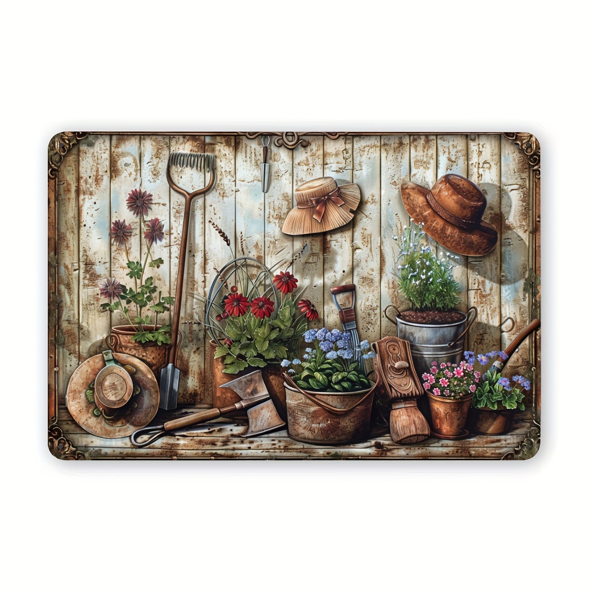 Gardening Tools Vintage - 2D 평면형, 빈티지 꽃무늬 금속 벽